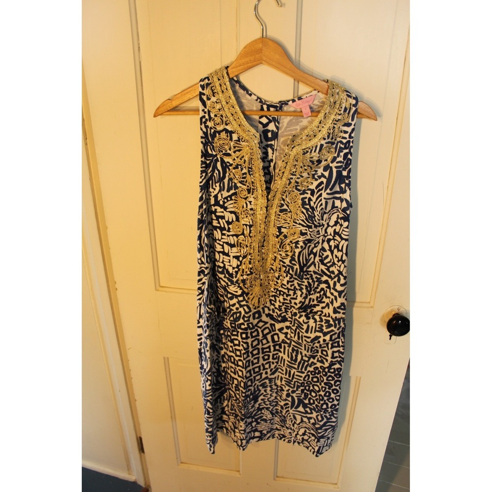 Lilly Pulitzer Carlotta Nauti Navy Boho‎ Bateau Gold Cording Shift Dress Size 8